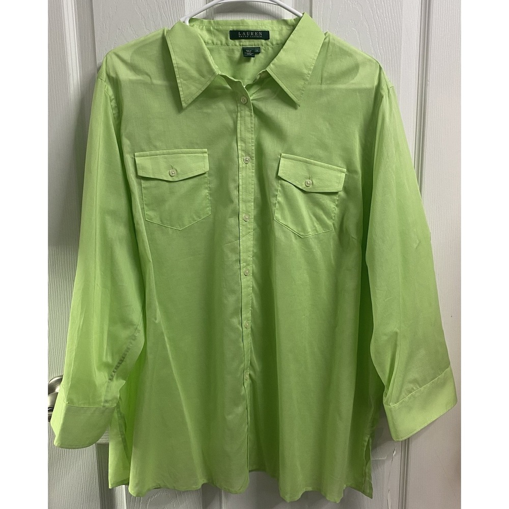 Lauren Ralph Lauren Women Lime Green Button Down Dress Shirt Cotton 1 XL NWT $75
